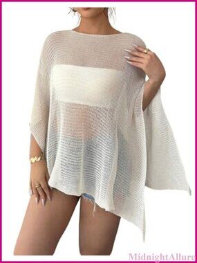 Sheer Knit Poncho Shawl 3/4 Sleeve Asymmetrical Shrug Sweater